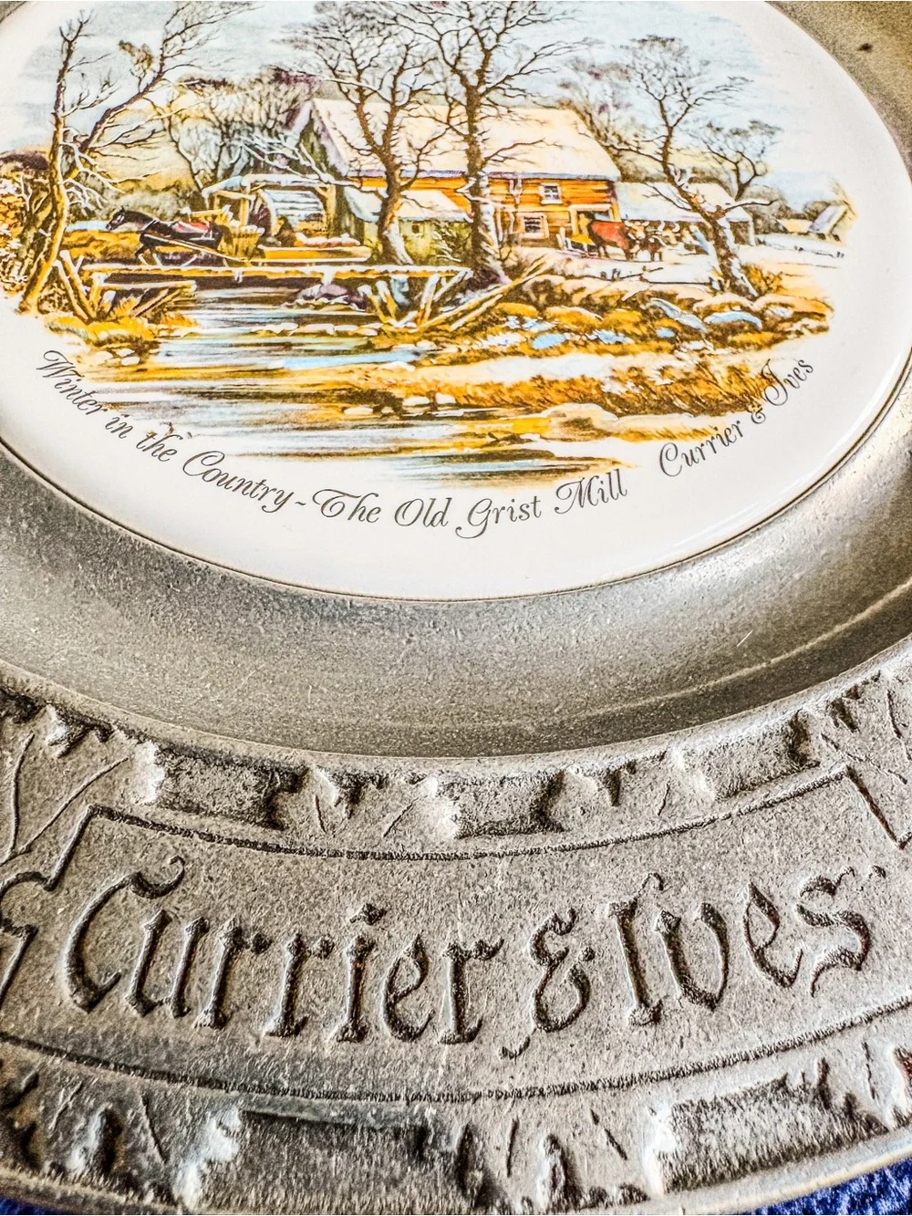 Vintage Currier & Ives Old Grist Mill Pewter Plate | Carson Freeport PA | Winter